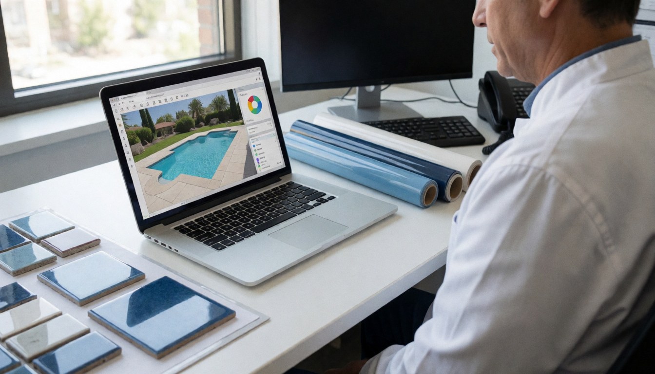 Un professionnel de la piscine travaille sur un ordinateur portable, entouré d'échantillons de carrelage bleu et de rouleaux de liner sur un bureau blanc dans un bureau lumineux.