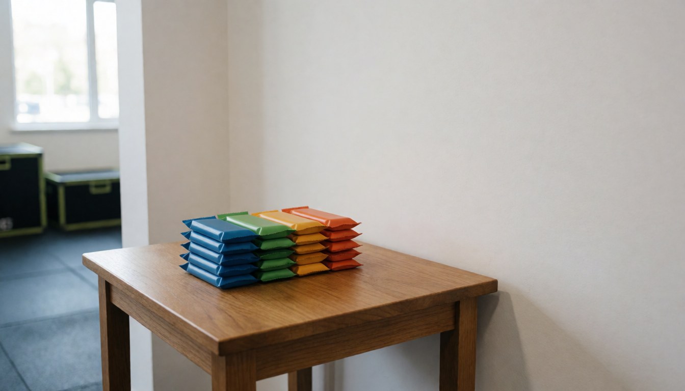 Barres de protéine colorées disposées sur une table en bois dans un gymnase aux murs blancs et à la lumière naturelle, idéal pour une couverture de produit fitness.