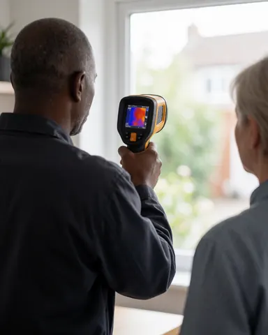 Un technicien utilise une caméra thermique pour analyser le mur extérieur d'une maison pendant qu'un client observe la scène.