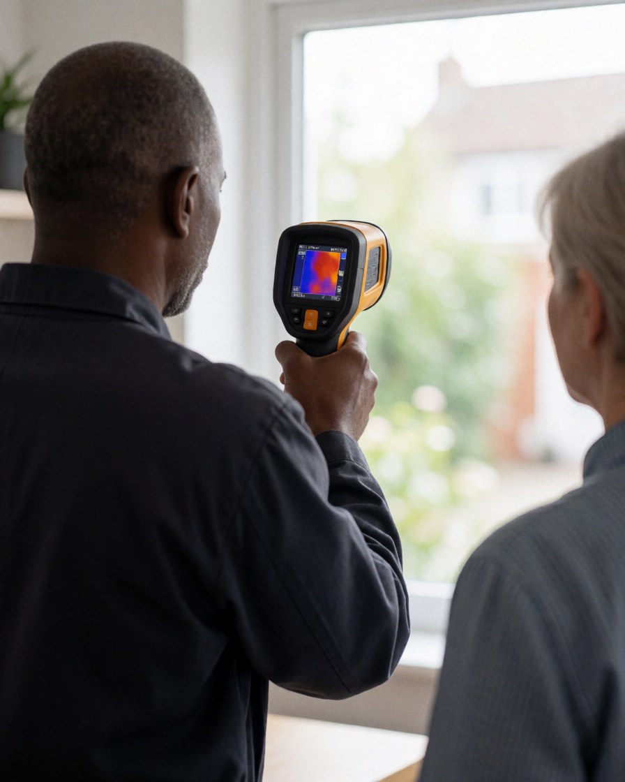 Un technicien utilise une caméra thermique pour analyser le mur extérieur d'une maison pendant qu'un client observe la scène.