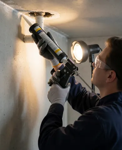 Un travailleur portant des lunettes de sécurité applique un scellant transparent autour d'une tuyauterie sur le plafond d'une salle de bain avec des murs en béton.