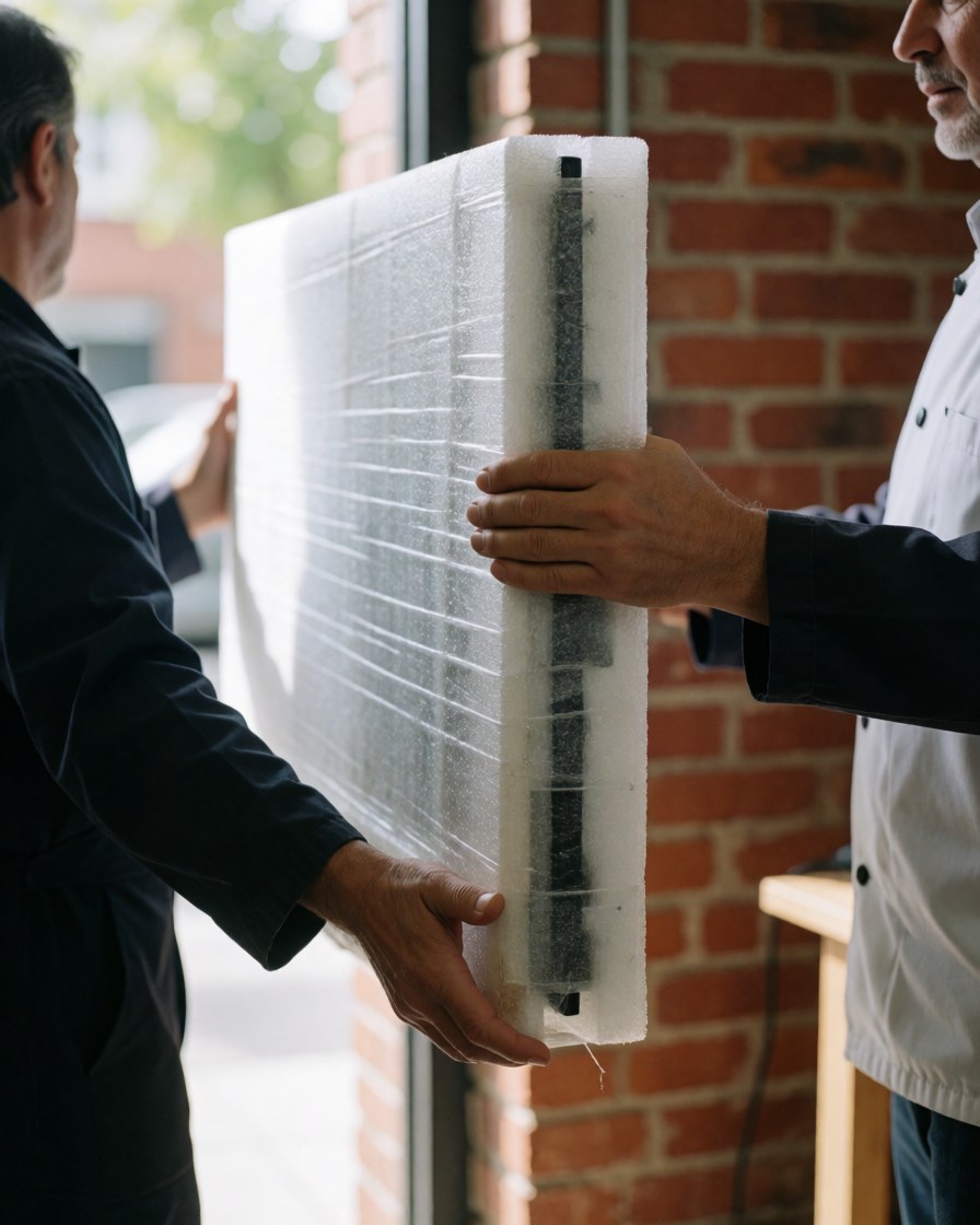 Un client et un technicien portent ensemble un téléviseur protégé par de la mousse dans un atelier de réparation avec un mur de briques visible en arrière-plan.