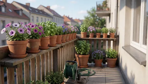 Terrasse d'appartement avec des rangées de pots en céramique contenant des pétunias et des herbes aromatiques, baignée par la lumière du matin, idéale pour un jardinier.