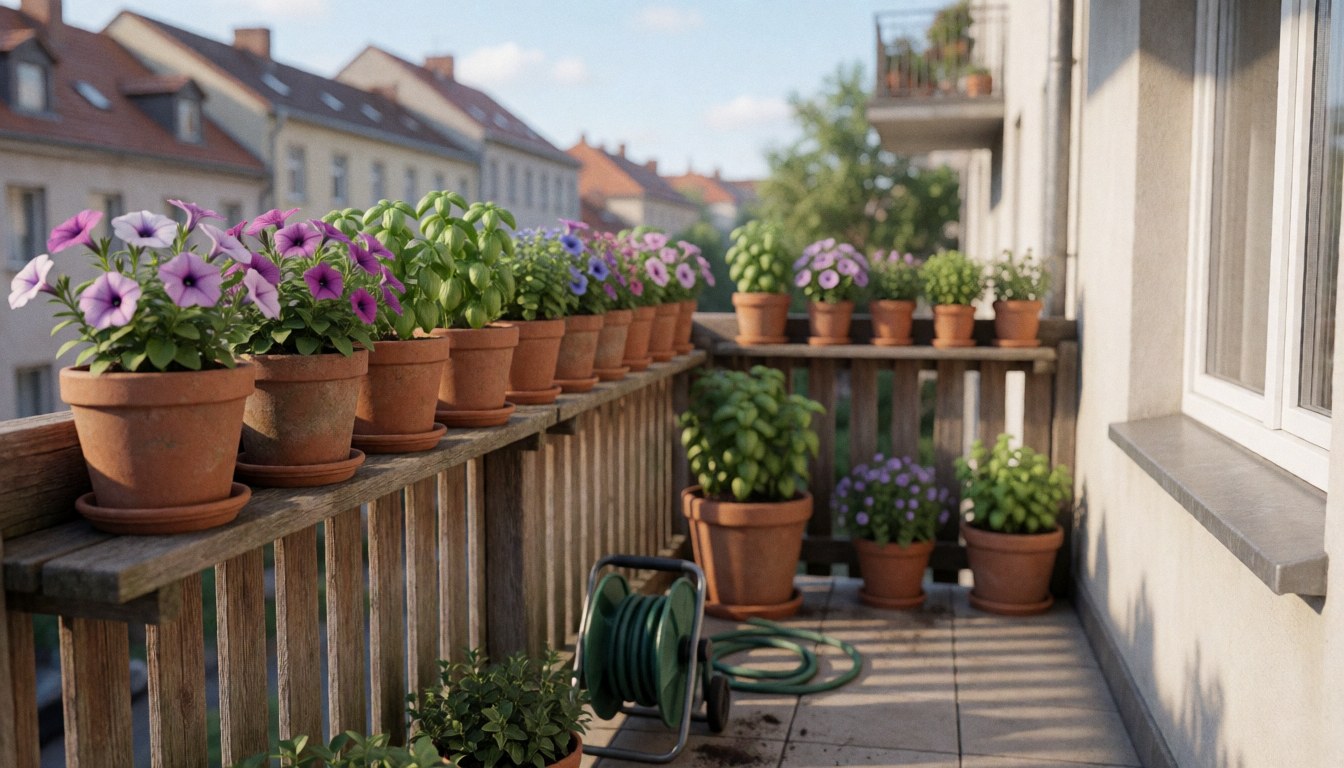Terrasse d'appartement avec des rangées de pots en céramique contenant des pétunias et des herbes aromatiques, baignée par la lumière du matin, idéale pour un jardinier.