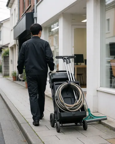 Un professionnel de la nettoyage avec un chariot d'outils marchant sur le trottoir, un client visible dans la vitrine du magasin.