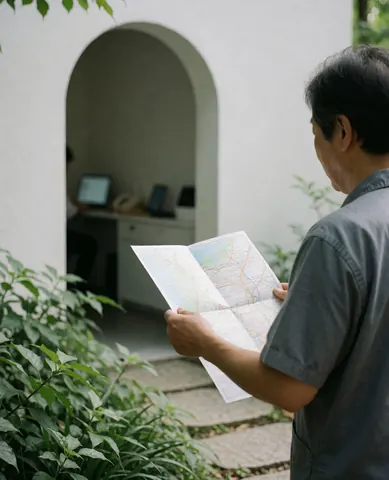 Un visiteur tenant une carte à l'entrée d'un zoo, avec un arc, un sentier en pierre et du feuillage vert.