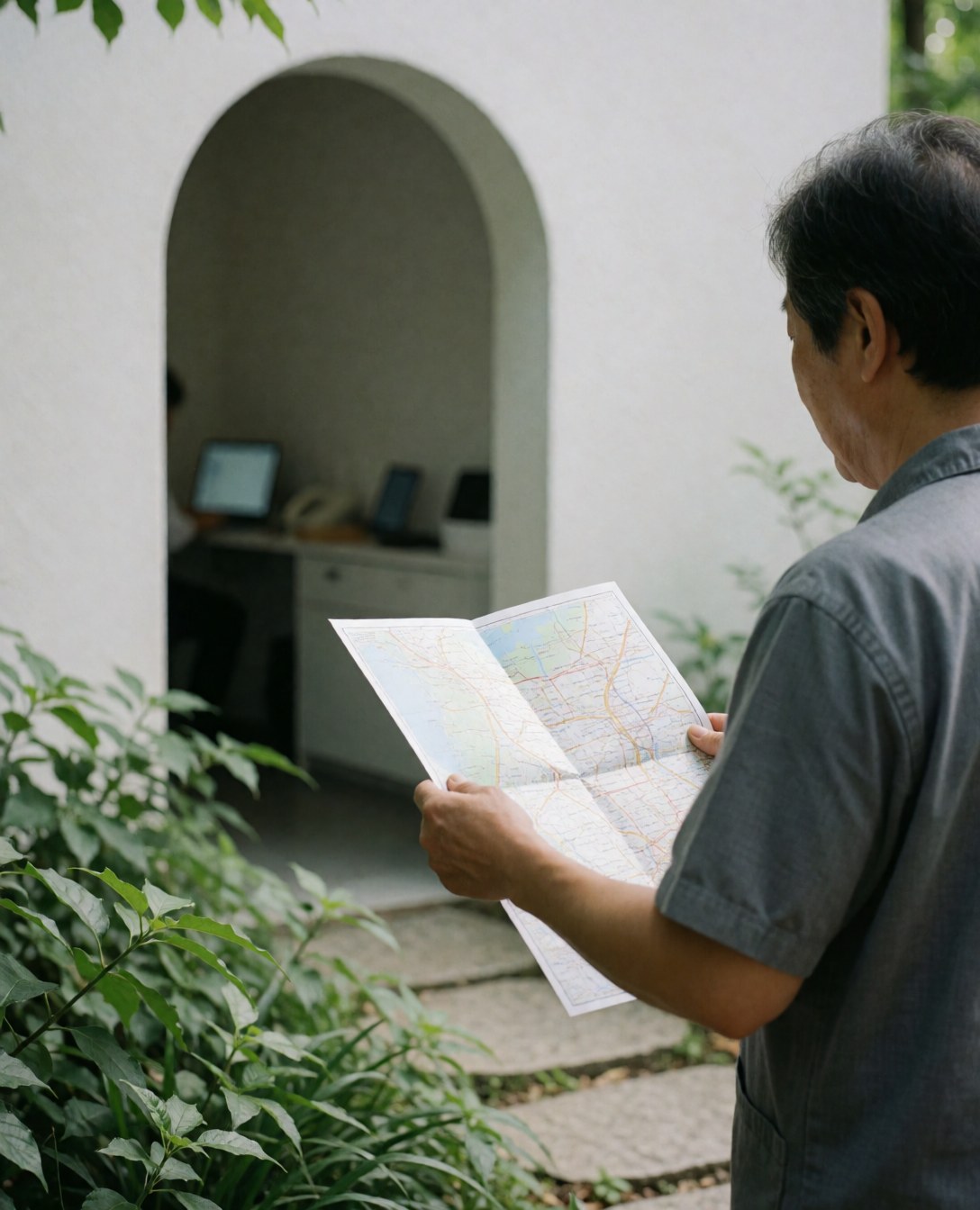 Un visiteur tenant une carte à l'entrée d'un zoo, avec un arc, un sentier en pierre et du feuillage vert.