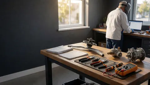 Vue d'un atelier de réparation de lave-vaisselle avec des pièces détachées, des outils et un multimètre sur une table en bois près d'une fenêtre.