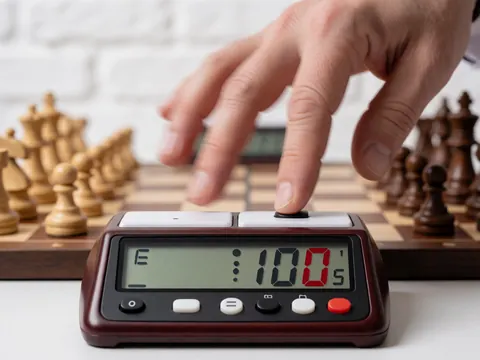 Main appuyant sur le bouton d'une horloge digitale d'échecs affichant 10 secondes restantes, sur un échiquier avec des pièces, dans une école d'échecs.