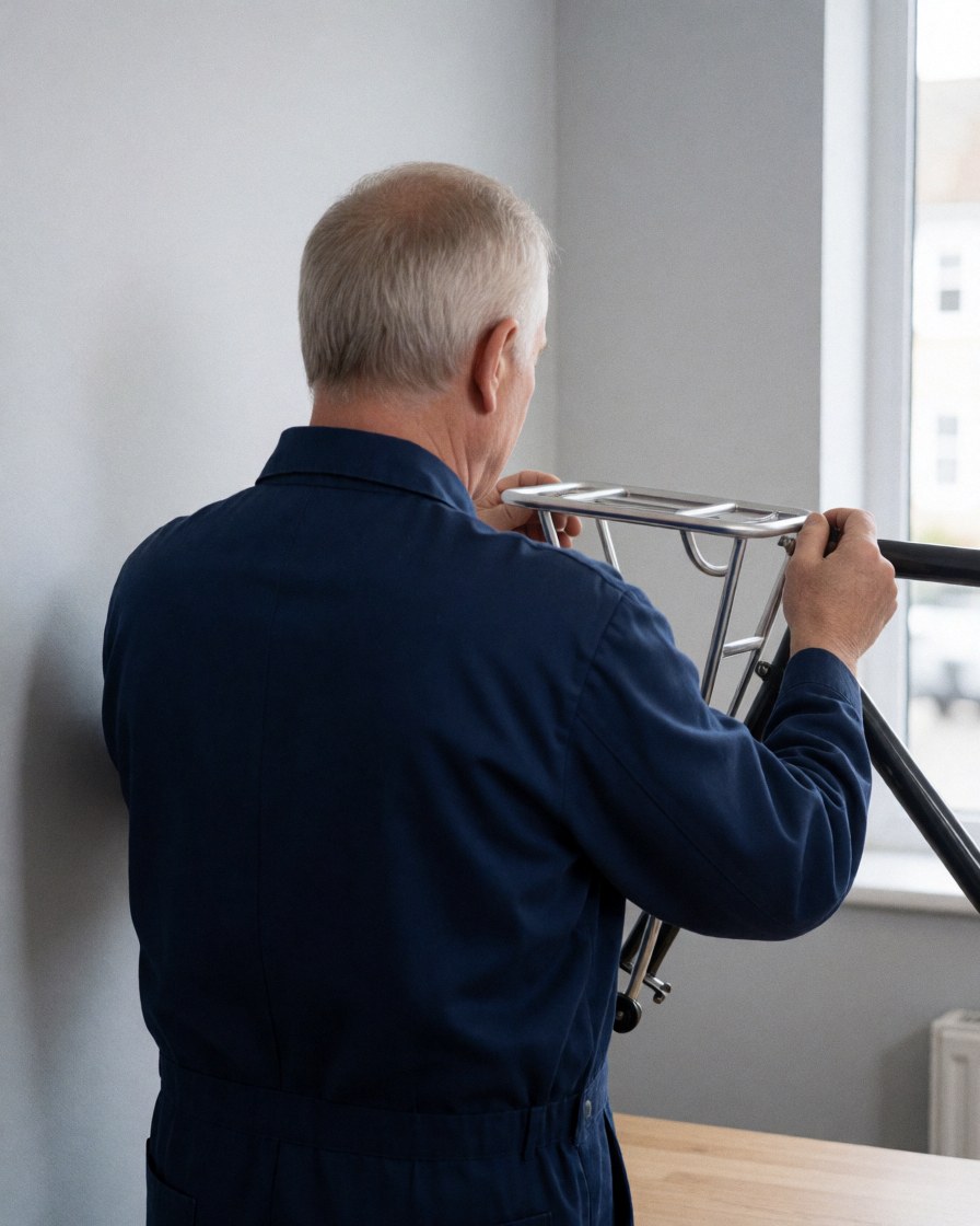 Un mécanicien mesure un nouveau support en métal sur le cadre d'un vélo dans un atelier aux murs gris chauds.