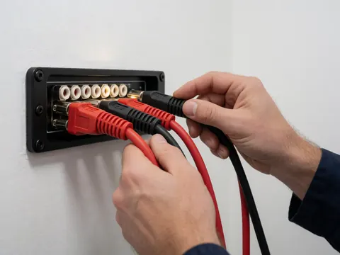 Des mains branchent des câbles rouges et noirs sur un amplificateur fixé à un mur blanc, avec un éclairage focalisé sur le détail de l'installation audio automobile.
