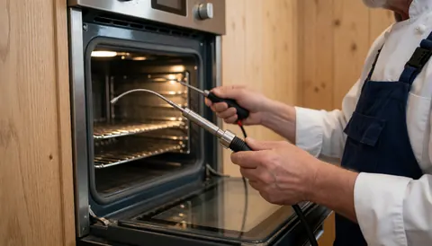 Technicien en tablier installe un thermopar dans un four ouvert avec des parois en bois, image réaliste pour entreprise de réparation de fours.