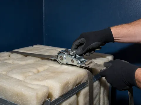 Des mains portant des gants noirs ajustent une sangle à cliquet sur une boîte en carton remplie de mousse blanche, dans un contexte de logistique et de transport.