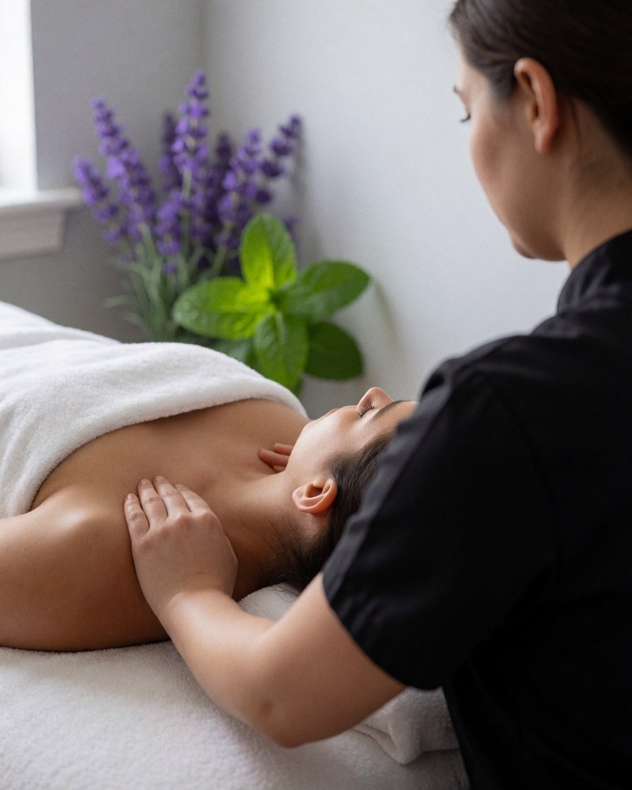 Un masseur professionnel réalise un massage suédois avec de l'huile de lavande et de menthe sur un client allongé sur une table de massage dans un cadre lumineux.