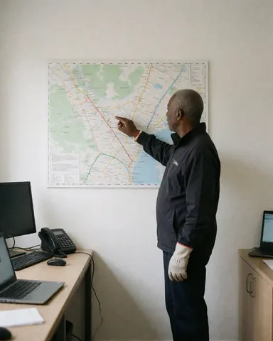 Un entraîneur de cyclisme pointe du doigt un parcours sur une grande carte murale dans son bureau, avec un ordinateur et un téléphone sur le bureau.