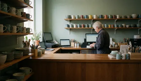 Caisse enregistreuse dans un atelier de céramique avec des mugs sur des étagères, un mur vert et une lumière naturelle, montrant le commerce de céramique.