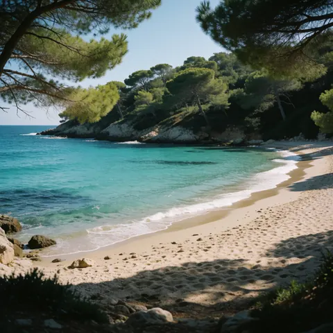 Paysage côtier tranquille avec sable, eau turquoise et pins verts, idéal pour une photographie panoramique.