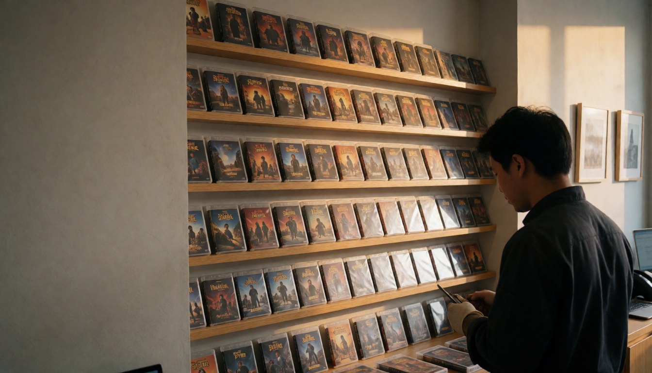 Vue arrière d'une personne examinant des jeux vidéo et de société sur une étagère en bois dans un magasin aux murs gris et à l'éclairage chaleureux.