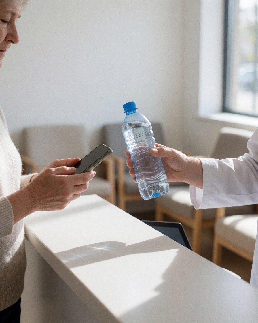 Un thérapeute en blouse blanche tend une bouteille d'eau à un client dans une réception de massage sportif avec des chaises et des murs blancs.