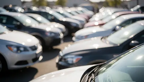 Arrière-plan flou d'un parking de voitures neuves avec des halos lumineux solaires, idéal pour des textes publicitaires de vente de véhicules.