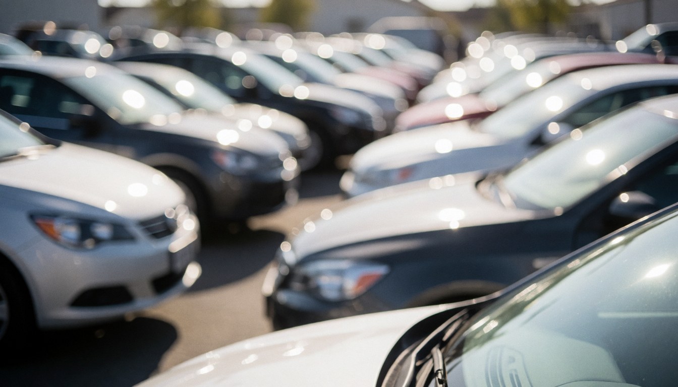 Arrière-plan flou d'un parking de voitures neuves avec des halos lumineux solaires, idéal pour des textes publicitaires de vente de véhicules.