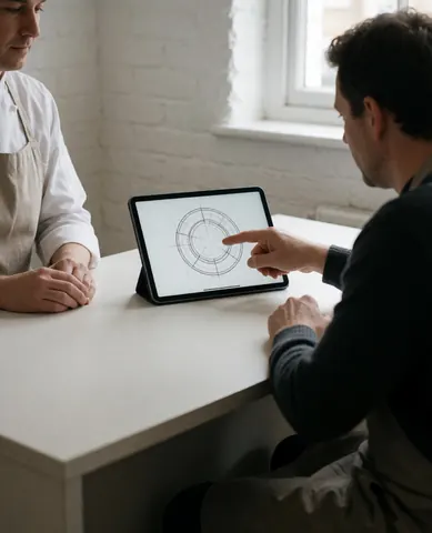 Un client et un professionnel examinent ensemble un design sur une tablette posée sur une table blanche dans un bureau lumineux.