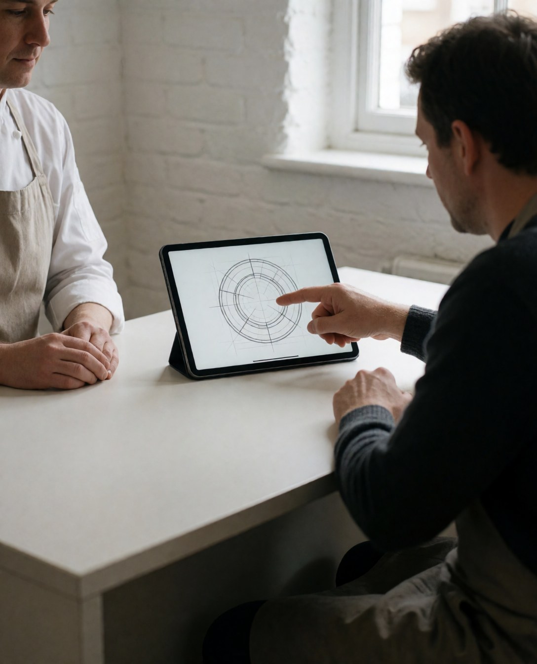 Un client et un professionnel examinent ensemble un design sur une tablette posée sur une table blanche dans un bureau lumineux.