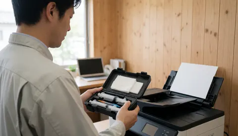 Technicien effectuant un service de réparation d'imprimante avec un kit de nettoyage, dans un environnement avec des murs en bois et une lumière naturelle.