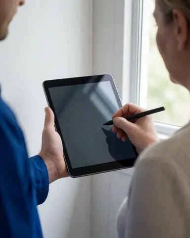 Une cliente signe avec un stylet sur une tablette tenue par un technicien en uniforme bleu à l'intérieur d'un ascenseur éclairé par la lumière naturelle.