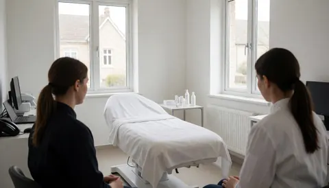 Une esthéticienne réalise un soin facial à une cliente dans un salon de beauté lumineux et propre, avec des lits de traitement et des produits visibles.