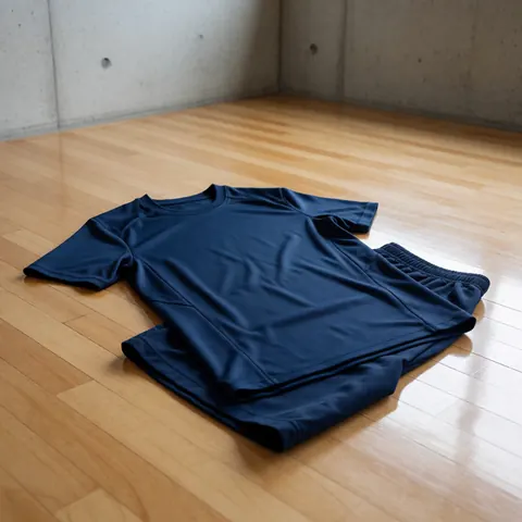 Maillot et short de sport bleu marine posés sur un sol en bois poli dans un gymnastique aux murs en béton, idéal pour l'entraînement.