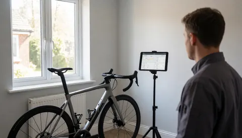 Un cycliste observe son vélo de route fixé sur un entraîneur intelligent, avec une tablette affichant des données d'entraînement dans une pièce baignée de lumière naturelle.