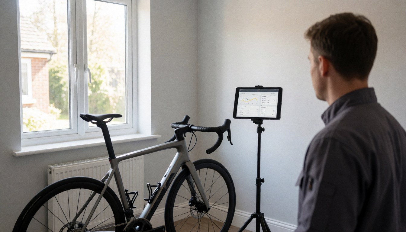 Un cycliste observe son vélo de route fixé sur un entraîneur intelligent, avec une tablette affichant des données d'entraînement dans une pièce baignée de lumière naturelle.