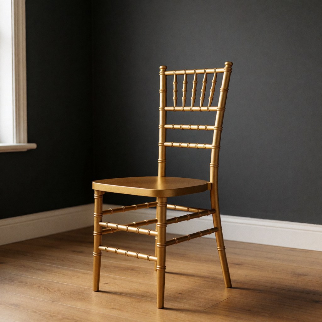 Chaise Chiavari dorée dans une salle aux murs gris et au sol en bois, éclairée par la lumière naturelle, idéale pour les événements de banquet.