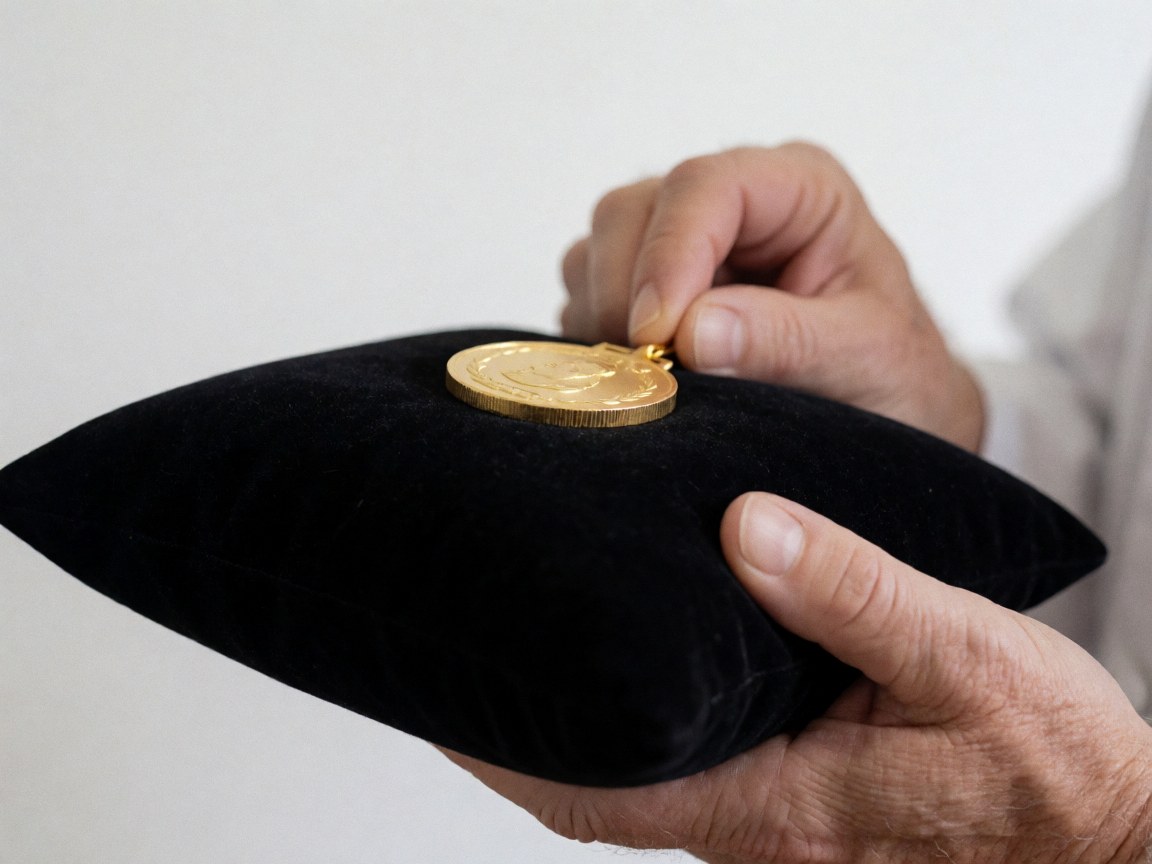 Mains adultes tenant une médaille d'or sur un coussin en velours noir, sur fond blanc, en gros plan pour un photographe de remise des diplômes.