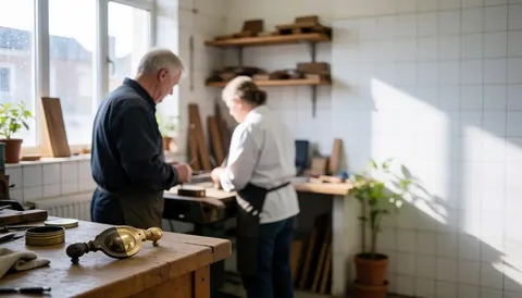 Deux professionnels travaillent dans un atelier de restauration de meubles avec des outils et du bois, des murs carrelés de blanc et de la lumière naturelle.