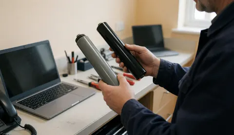 Technicien de réparation d'imprimante compare un nouveau rouleau noir à un ancien gris dans un atelier avec outils et ordinateur portable sur une table.