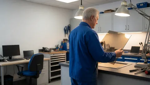 Un technicien en uniforme bleu examine une pièce de verre réfractaire sous l'éclairage de travail dans un atelier de réparation d'fourneaux, avec des outils et des armoires en arrière-plan.