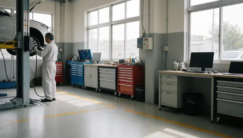 Un mécanicien automobile effectue une inspection sur un véhicule relevé dans un garage moderne et bien rangé, éclairé par la lumière naturelle.