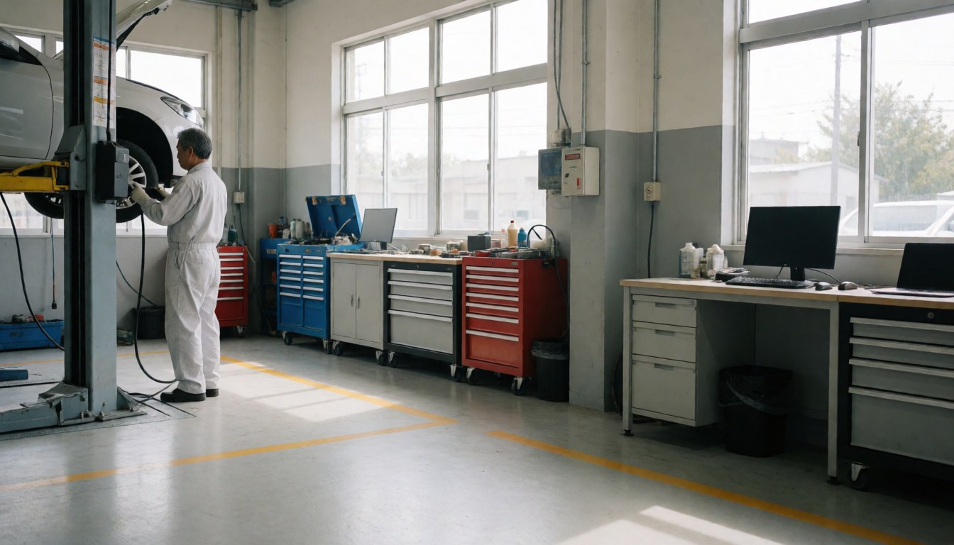 Un mécanicien automobile effectue une inspection sur un véhicule relevé dans un garage moderne et bien rangé, éclairé par la lumière naturelle.