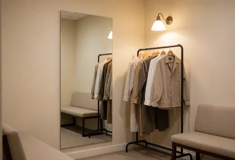 Cabine de changement propre avec grand miroir, porte-manteau neutre et banc d'attente, idéal pour les photographes de portraits.