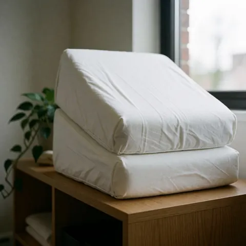 Deux coussins blancs en mousse à mémoire de forme posés sur une étagère en bois, accompagnés d'une plante verte dans un cadre de spa lumineux.