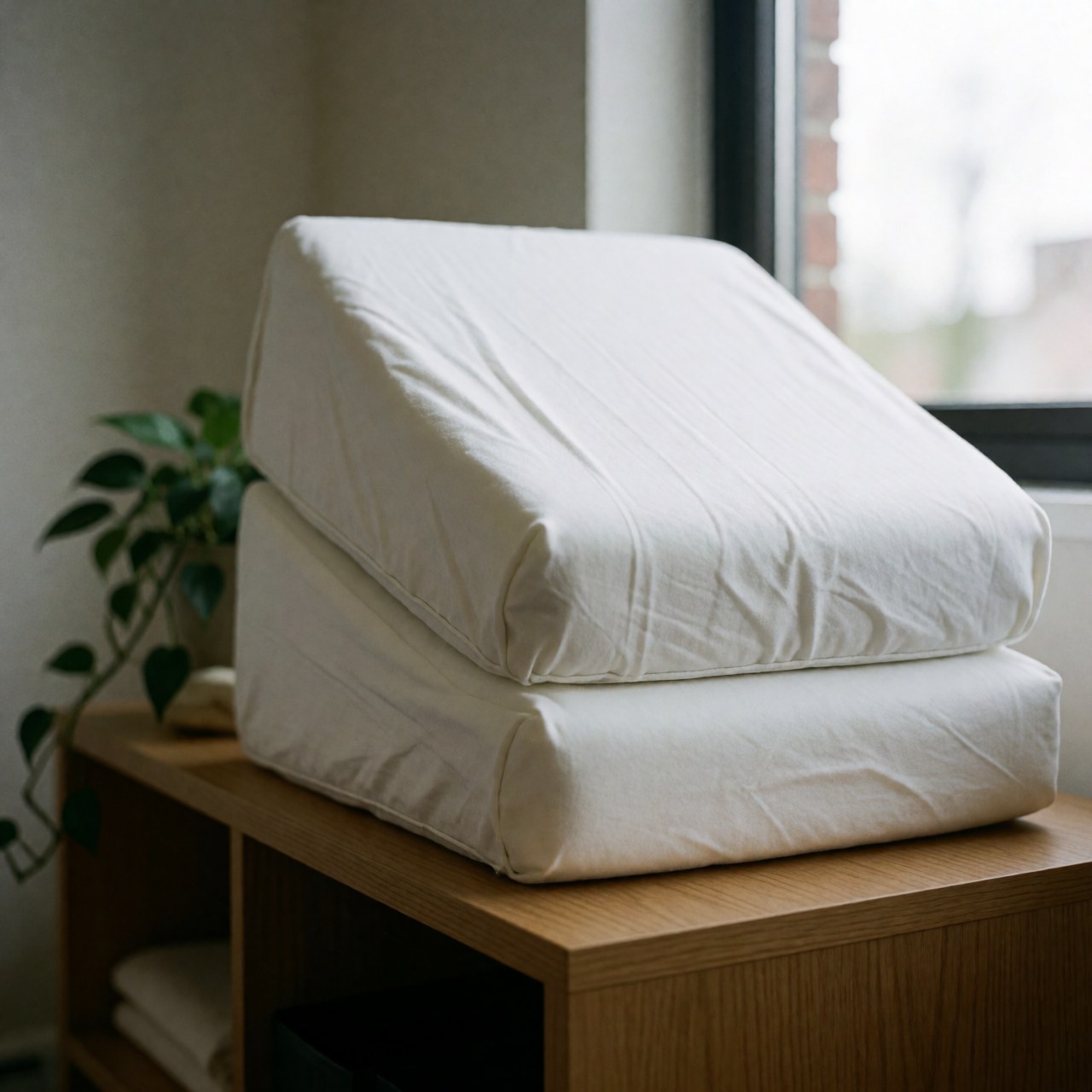 Deux coussins blancs en mousse à mémoire de forme posés sur une étagère en bois, accompagnés d'une plante verte dans un cadre de spa lumineux.
