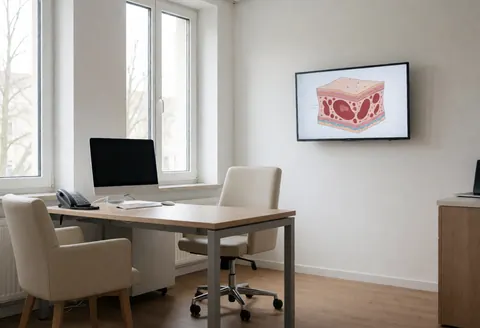 Cabinet dermatologique moderne avec moniteur mural, chaises et lumière naturelle.