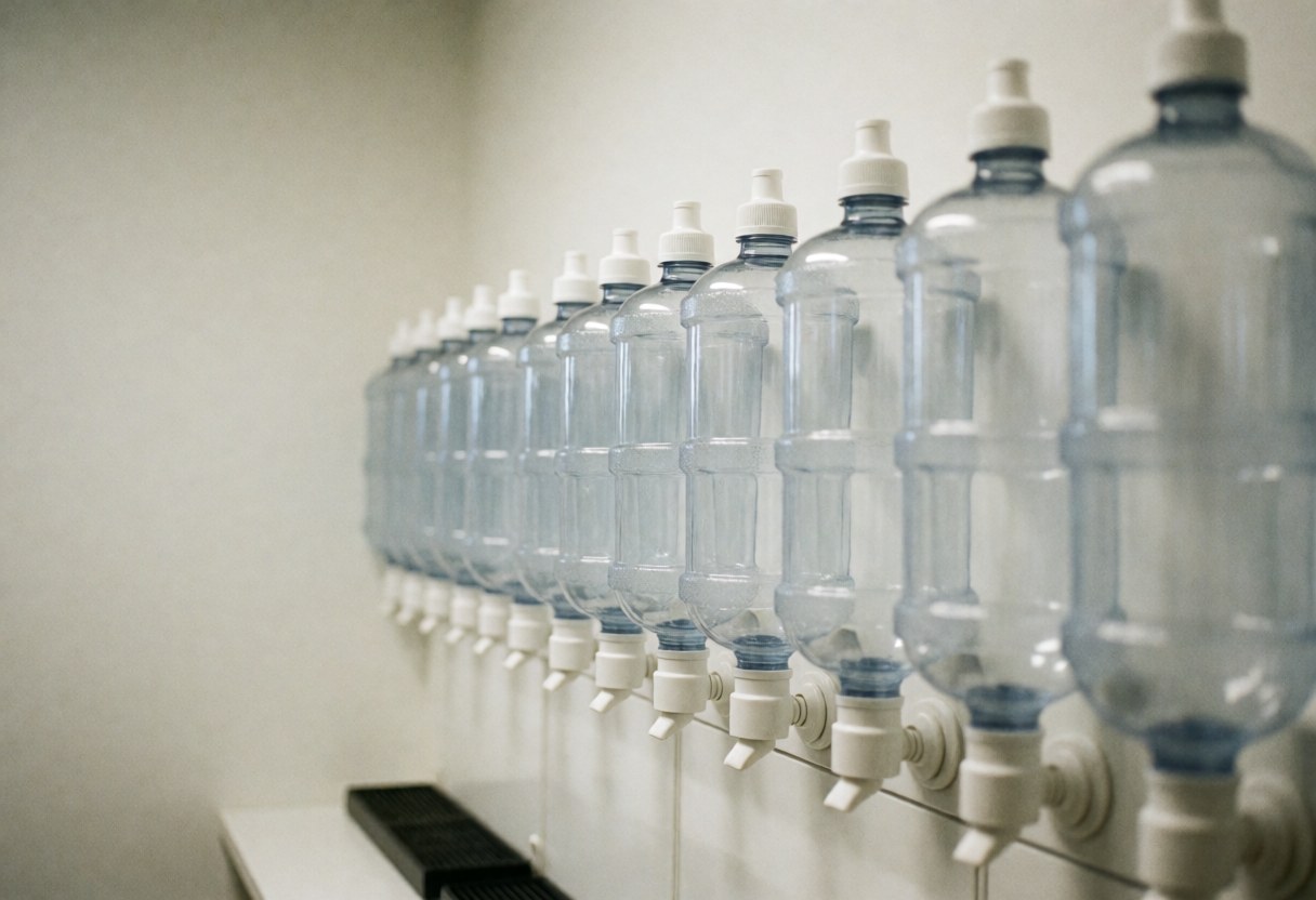 Une rangée de distributeurs d'eau avec des bouteilles en plastique transparent dans un local sportif aux murs blancs et à la lumière douce.