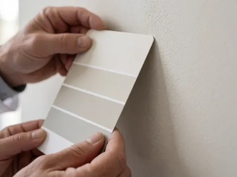 Gros plan d'une main tenant une carte de couleurs contre un mur texturé pour comparer la peinture intérieure.