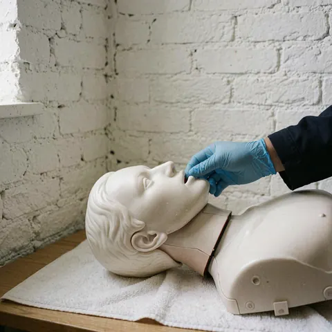 Mannequin blanc de réanimation sur serviette blanche, main gantée bleu ouvrant la voie aérienne, mur de briques blanches, idéal pour entraînement natation.