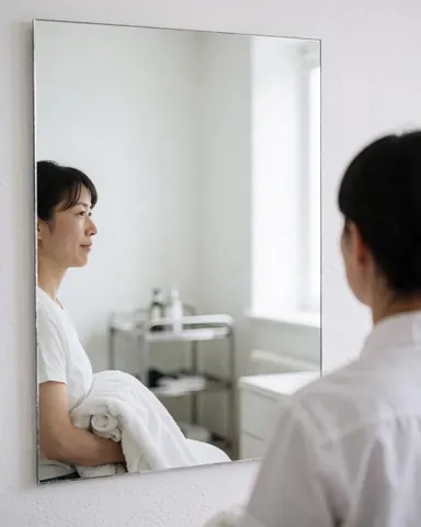 Une cliente souriante regarde son reflet dans un grand miroir sans cadre, dans une salle de bain propre avec un chariot en acier inoxydable.