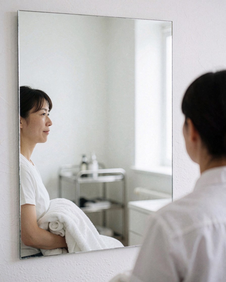 Une cliente souriante regarde son reflet dans un grand miroir sans cadre, dans une salle de bain propre avec un chariot en acier inoxydable.