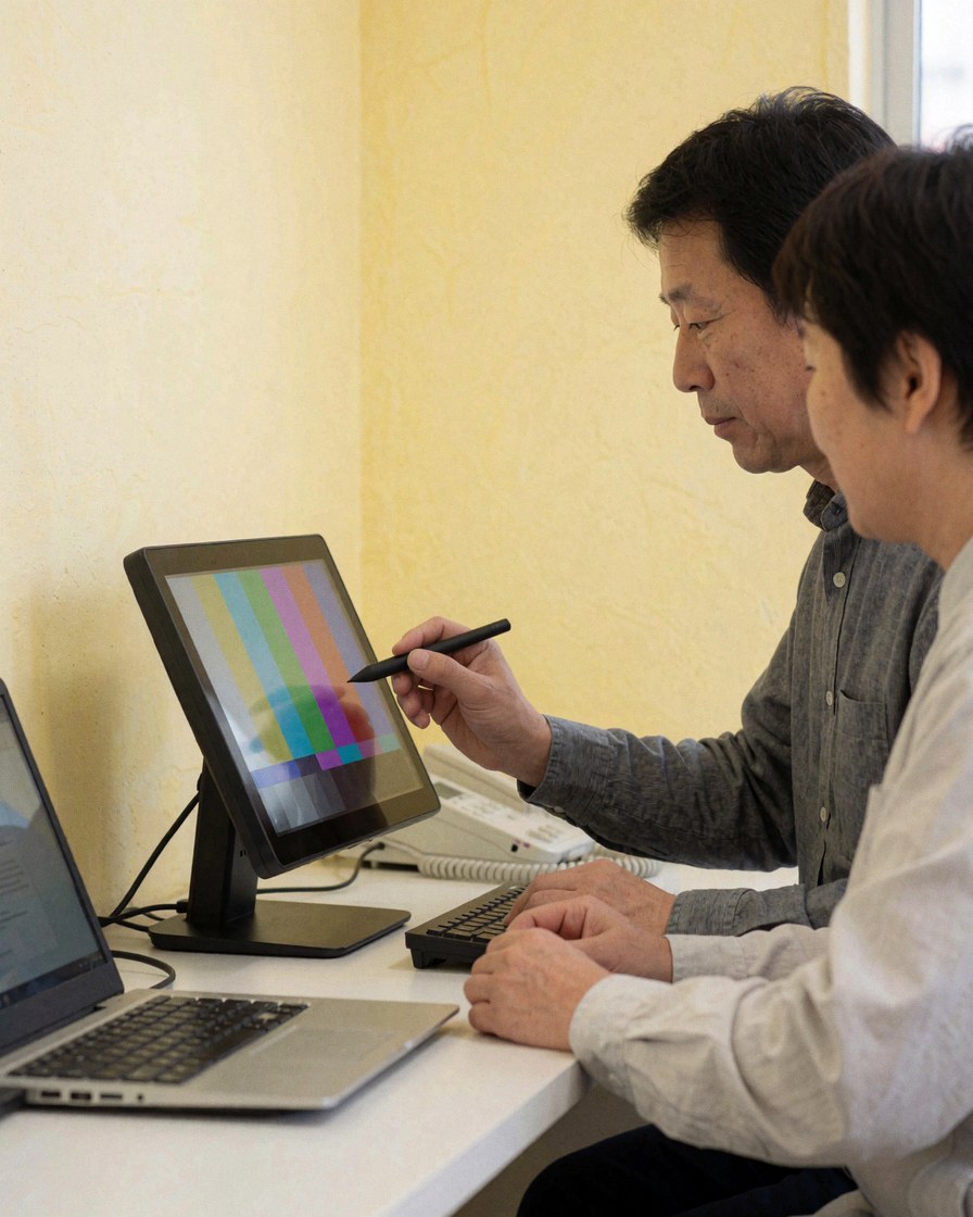 Un client utilise un stylet pour tester un écran tactile pendant qu'un technicien effectue une réparation d'appareil TV dans un atelier aux murs jaunes.